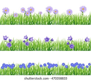 Set of grass with flower backgrounds. Daisies, bluebells and len.