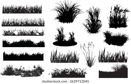 Set of grass with flowers and spikelet’s, black silhouettes dividers, grassland field with tufts, lawn grass horizontal borders, meadow grass field vector set stock illustration