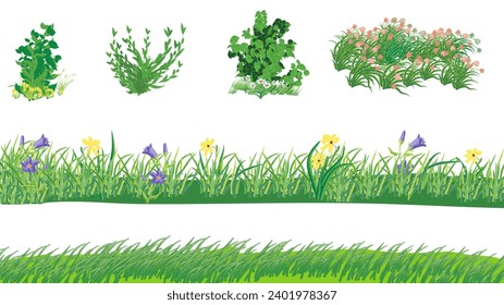 Conjunto de arbustos de hierba y flores para elementos de diseño de primer plano. Ilustración vectorial aislada en blanco.