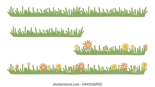 Set of grass and flowers. Collection of simple nature landscape borders. Cartoon kids style. Hand drawing vector illustration isolated on white background