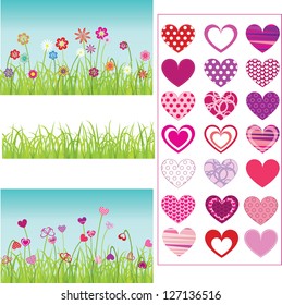set of grass, flowers, hearts