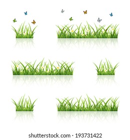 Set of grass with flying butterflies isolated on white background, illustration.