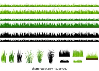 Set Of Grass, Green and Outline, Isolated On White