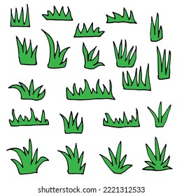Set of grass hand drawn with black outline and isolated white background