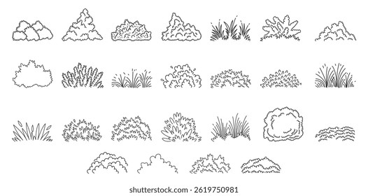Conjunto de hierba dibujado a mano de fondo de garabato de contorno de campo de hierba. Brote, flor, Elementos de trébol. Ilustración vectorial.