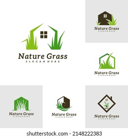 Set of Grass Home logo design vector, Creative Grass logo design Template Illustration