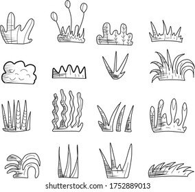 A Set of grass icon set/template suitable for nature, party, holiday, horror, animal, park, outdoor, horror, sky, science, furniture, food and drink content with doodle cartoon style
