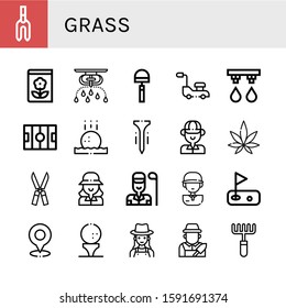 Set of grass icons. Such as Weeder, Gardening, Sprinkler, Hoe, Lawn mower, Irrigation system, Hockey pitch, Golf ball, Tee, Golfer, Weed, Shears, Golf player, Golf , grass icons