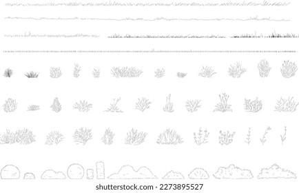 set of grass line cad, minimal isolated on white background. Ground cover. Illustration for  elevation architectural element, side view, grass section. Turf coating banners for edging.