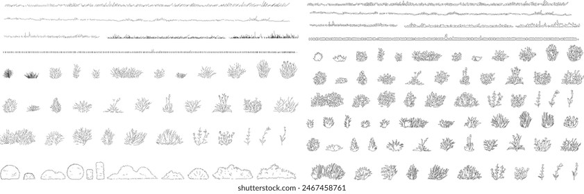 set of grass line cad, minimal isolated on white background. Ground cover. Illustration for  elevation architectural element, side view, grass section. Turf coating banners for edging.