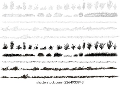 set of grass line cad and silhouettes isolated on white background. Ground cover. Illustration for  elevation architectural element, side view, grass section. Turf coating banners for edging.