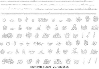 set of grass line cad and silhouettes isolated on white background. Ground cover. Illustration for  elevation architectural element, side view, grass section. Turf coating banners for edging.