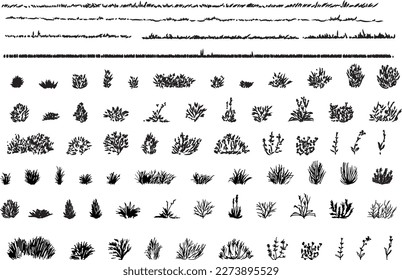 set of grass line cad and silhouettes isolated on white background. Ground cover. Illustration for  elevation architectural element, side view, grass section. Turf coating banners for edging.