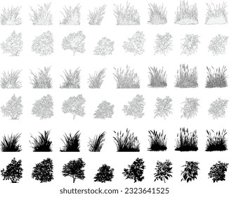 set of grass line cad and silhouettes isolated on white background. Ground cover. Illustration for  elevation architectural element, side view, grass section. Turf coating banners for edging.