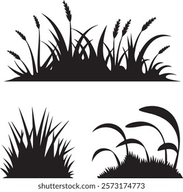 Set of Grass and Plant Silhouettes - Black Nature Vector Elements for Design
