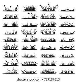 Set of grass, plants and mushrooms silhouettes