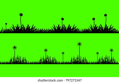 Set of grass and plants silhouettes on green beackground