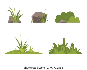 Set of grass with rock stone, bushes vector