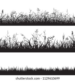 Set of grass seamless borders. Black silhouette of grass, spikes and herbs isolated on white backround. Hand drawn sketch style vector illustration.