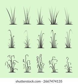 Set of grass silhouette vectors in different shapes, from fresh blades to dry withered grass. Perfect for nature illustrations, landscape scenes, garden elements, background design, and decorative.