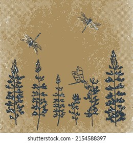 Set of grass silhouettes isolated on yellow background. Vintage stem and butterflies vector pattern.
