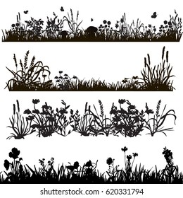 set of grass silhouettes and plants, field