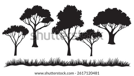 set of grass and trees silhouette. black and white vector illustration	