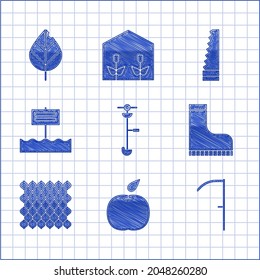 Set Grass and weed electric string trimmer, Apple, Scythe, Waterproof rubber boot, Garden fence wooden, Blank sign board, saw and Leaf icon. Vector
