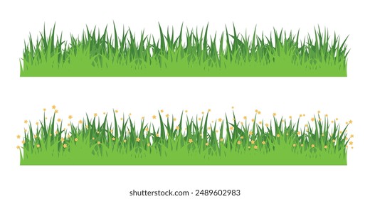 Set of grass with yellow flowers isolated on white background. Green bush blossom. Green grass collection. Flat vector illustration.