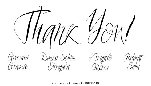 Set of grateful brush paint hand drawn lettering on white background. Thank you, Gracias, Grazie, Danke Schon, Arigato, Rahmat, Obrigada, Merci, Saha design templates for greeting cards, posters