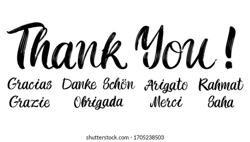 Set of grateful brush paint hand drawn lettering on white background. Thank you, Gracias, Grazie, Danke Schon, Arigato, Rahmat, Obrigada, Merci, Saha design templates for greeting cards, posters