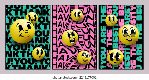 Conjunto de carteles o tarjetas motivacionales agradecidos con gratitud y admiración y refranes de reconocimiento y composición de emojis 3d sobre el fondo de la luz. Ilustración del vector