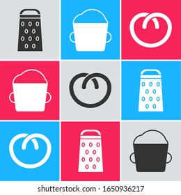 Set Grater , Bakery bowl dough  and Pretzel  icon. Vector