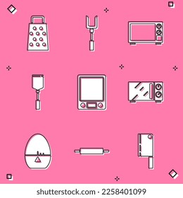 Set Grater, Barbecue fork, Microwave oven, Spatula, Electronic scales, Kitchen timer and Rolling pin icon. Vector