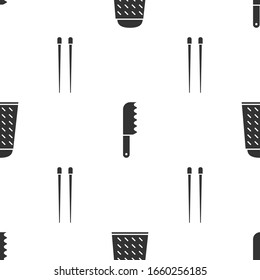 Coloque los palillos Grater, Bread cuchillo y Food en un patrón sin fisuras. Vector