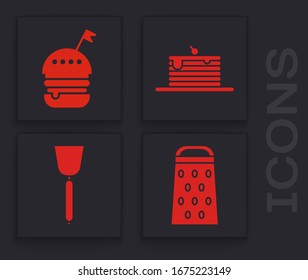 Set Grater , Burger , Stack of pancakes  and Spatula  icon. Vector