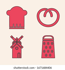 Set Grater , Chef hat , Pretzel  and Windmill  icon. Vector