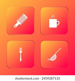 Set Grater, Coffee cup, Fork and Kitchen colander icon. Vector