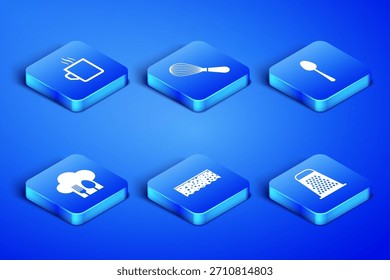 Set Grater, Coffee cup, Sponge with bubbles, Chef hat fork and spoon, Kitchen whisk and Spoon icon. Vector