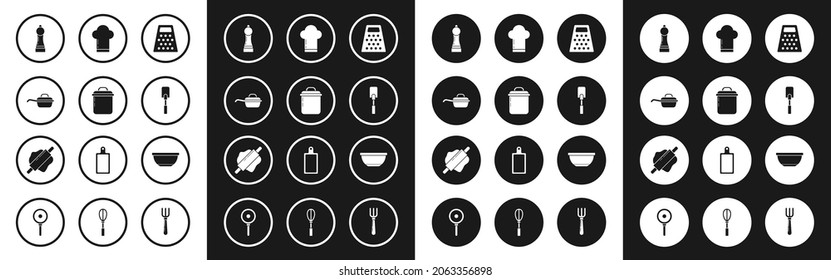 Set Grater, Cooking pot, Frying pan, Pepper, Spatula, Chef hat, Bowl and Rolling pin icon. Vector