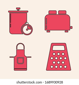 Set Grater , Cooking pot and kitchen timer , Toaster with toasts  and Kitchen apron  icon. Vector