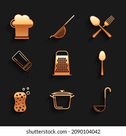 Set Grater, Cooking pot, Kitchen ladle, Spoon, Sponge with bubbles, Salt and pepper, Crossed fork spoon and Chef hat icon. Vector