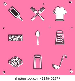 Set Grater, Crossed fork, Chef hat, Sponge with bubbles, Spoon, Cooking soup in pot and Salt and pepper icon. Vector