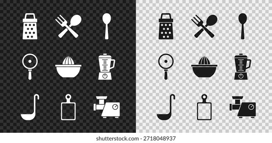 Set Grater, Crossed fork and spoon, Spoon, Kitchen ladle, Cutting board, meat grinder, Frying pan and Citrus fruit juicer icon. Vector