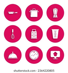 Set Grater, Cutting board, Chef hat with location, Measuring cup, Covered tray of food, Kitchen whisk, Blender and Frying pan icon. Vector