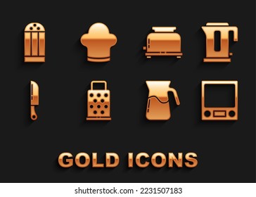 Set Grater, Electric kettle, Electronic scales, Jug glass with water, Knife, Toaster, Salt and Chef hat icon. Vector