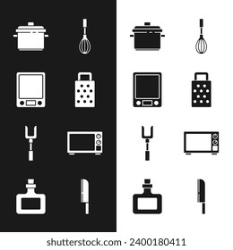 Set Grater, Electronic scales, Cooking pot, Kitchen whisk, Barbecue fork, Microwave oven, Knife and Sauce bottle icon. Vector