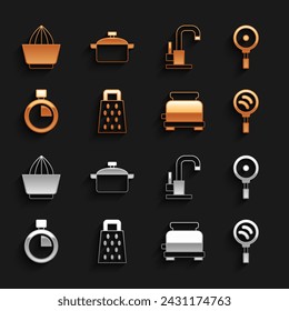 Set Grater, Frying pan, Toaster, Stopwatch, Water tap, Citrus fruit juicer and Cooking pot icon. Vector