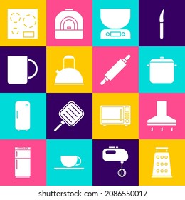 Set Grater, Kitchen extractor fan, Cooking pot, Electronic scales, Kettle with handle, Coffee cup, Electric stove and Rolling pin icon. Vector