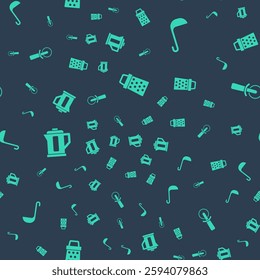 Set Grater, Kitchen ladle, Electric kettle and Pizza knife on seamless pattern. Vector